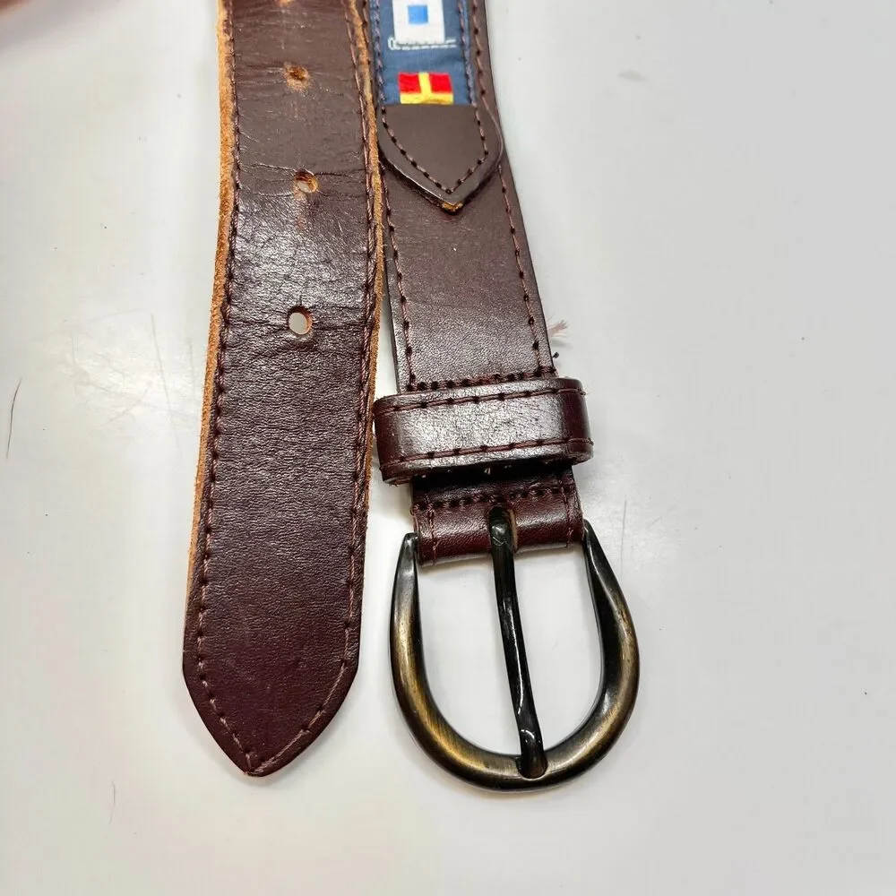Vtg Pierre Carlini Mens Nautical Flag Blue Ribbon Brown Leather Belt Size 38 M